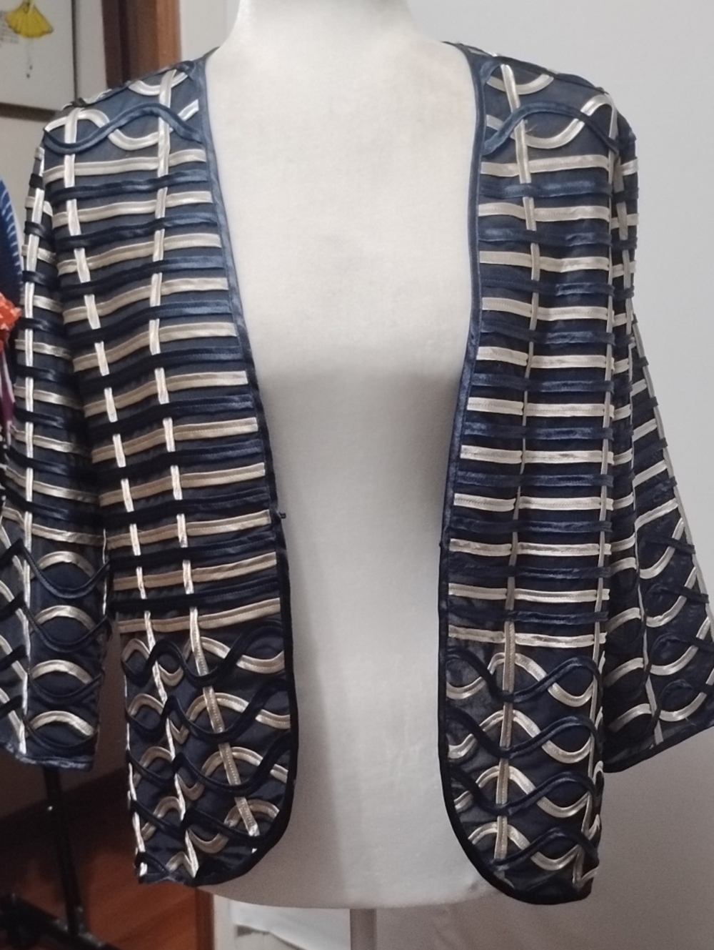 Chico's Travelers Strip Navy and Cream Open-Front Geometric Jacket NWT